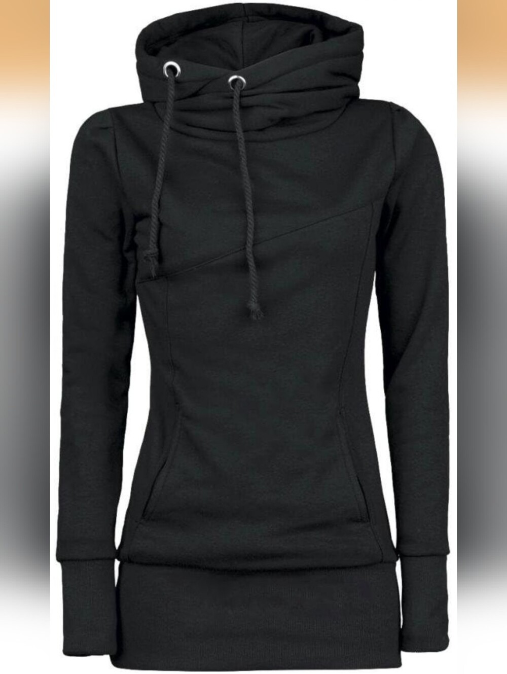 Black Cowl Neck Hoodie Tunic Sweatshirt w/ Kangaroo Pocket